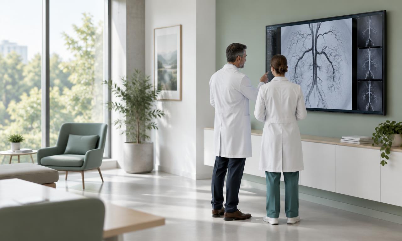 Dwóch specjalistów analizujących angiogram naczyniowy na monitorze diagnostycznym